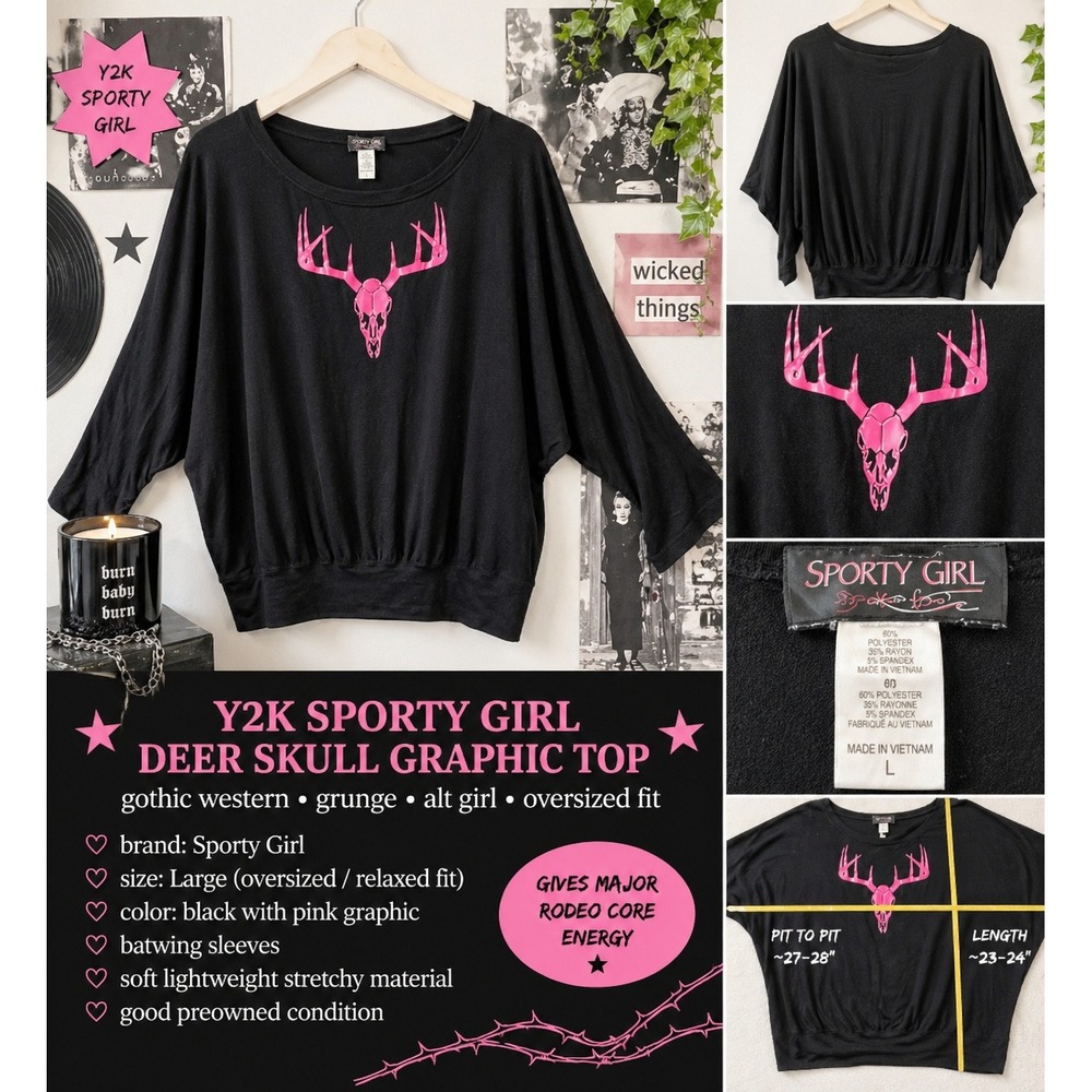 Y2k sporty girl graphic top with bold deer hot pink skull and antler